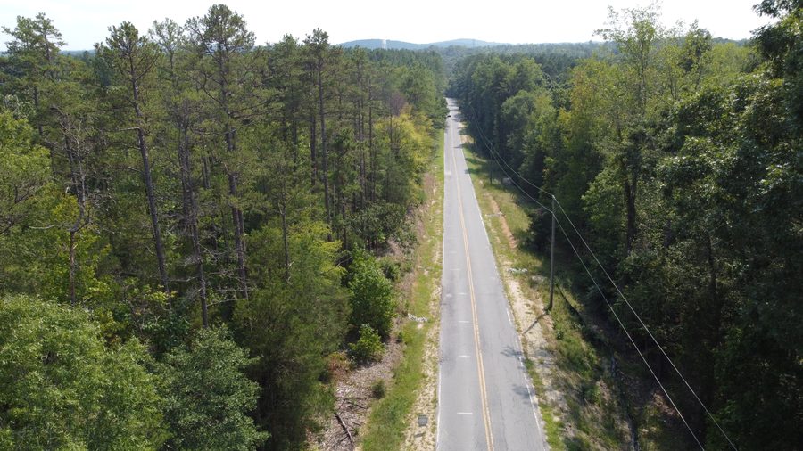 Aerial view of the pine and hardwood frontage at Southern Pine Lake.